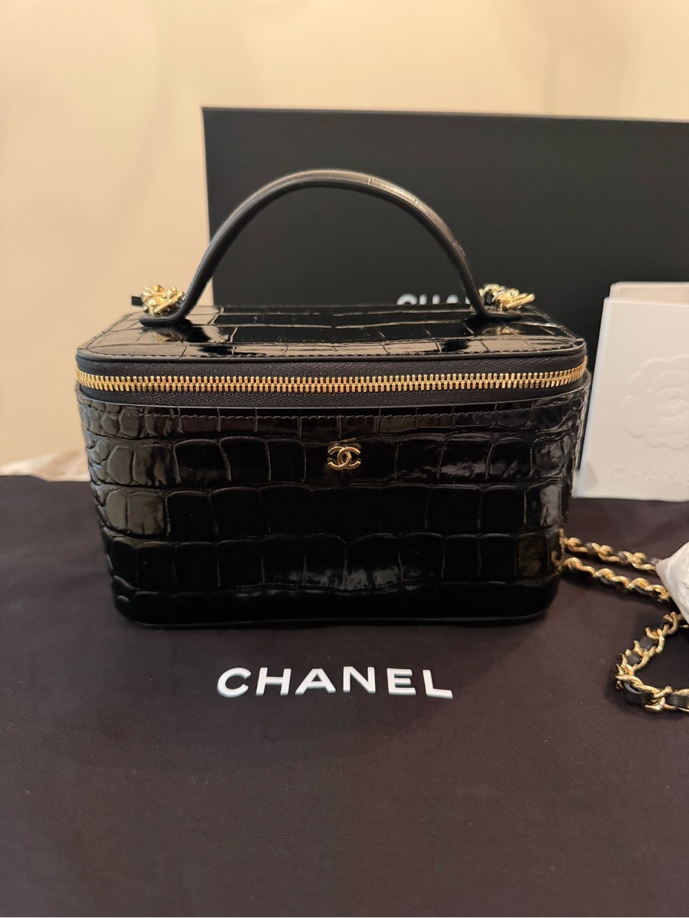 CHANEL Black Croc-Embossed Vanity Box Bag with Gold Hardware new with box